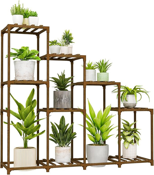 Bamworld Tall Plant Stand Indoor Wood Plant Shelf Outdoor Tiered Plant Rack for Multiple Plants 4 Tiers 10 Pots Ladder Plant Holder Plant Table for Plant Pots Boho Home Decor for Gardening Gifts