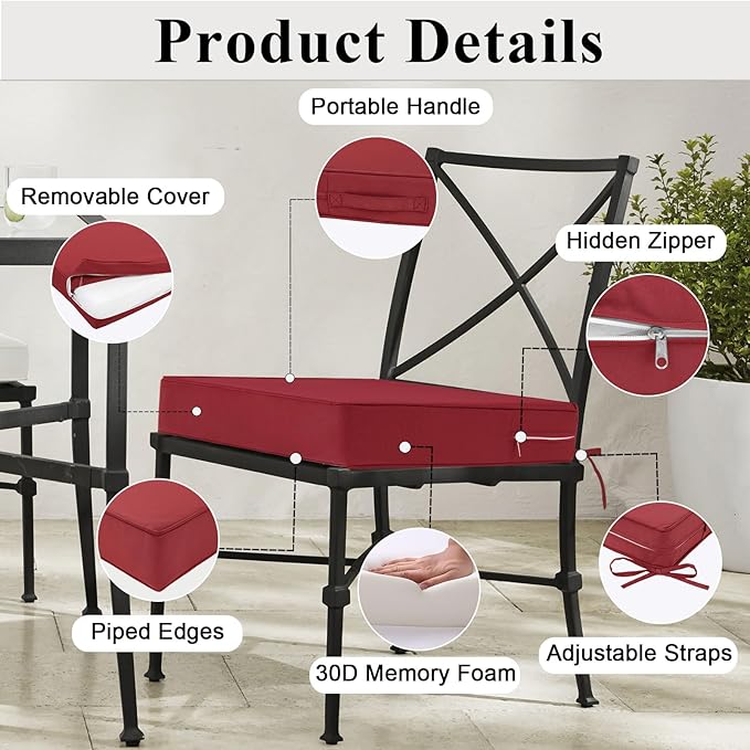 Outdoor Chair Cushions Set of 2 for Patio Furniture 18.5x16x3 Inch Waterproof Patio Chair Cushion 3 Year Color Fastness Rectangle Elastic Foam Garden Couch Pads with Ties and Handle,Red