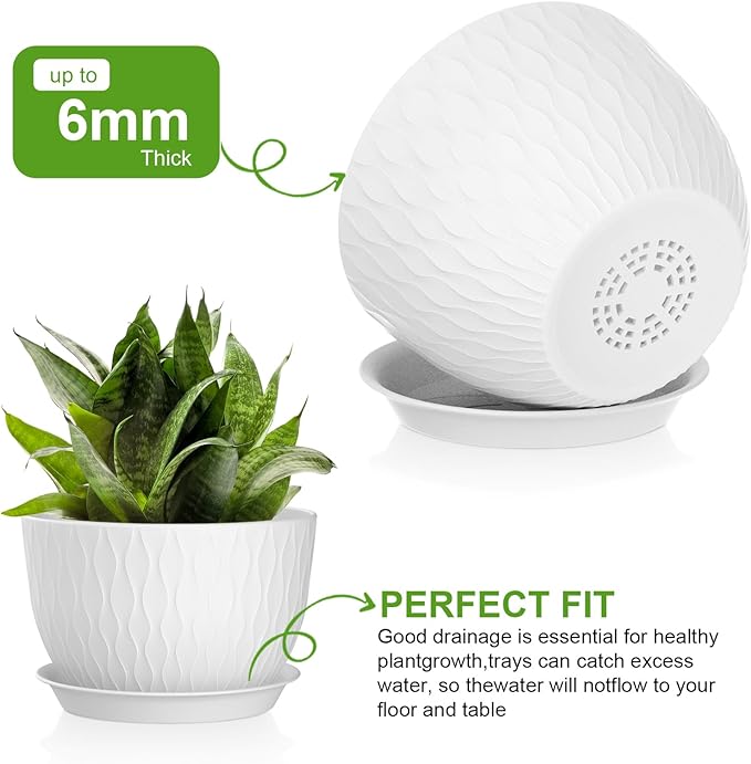 Plant Pots 12/10/9 Inch Pots, Set of 3 Plastic Planters with Drainage Holes and Saucers,Plastic Flower Pots,Nursery Planting Pot for Indoor Out Door Plants（White）