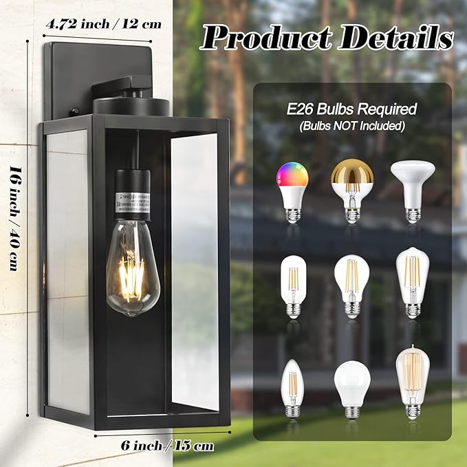 16-inch Large Outdoor Wall Light Fixture, Black Exterior Wall Lantern Waterproof, Farmhouse Porch Sconce Lighting With Glass, Modern Wall-Mounted Outside Lights for House, Garage, Patio Lamp, 2 Packs