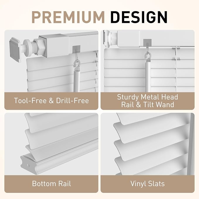 No Drill No Tool 1" Vinyl Mini Blinds, Light Filtering Horizontal Window Blinds - Image 2