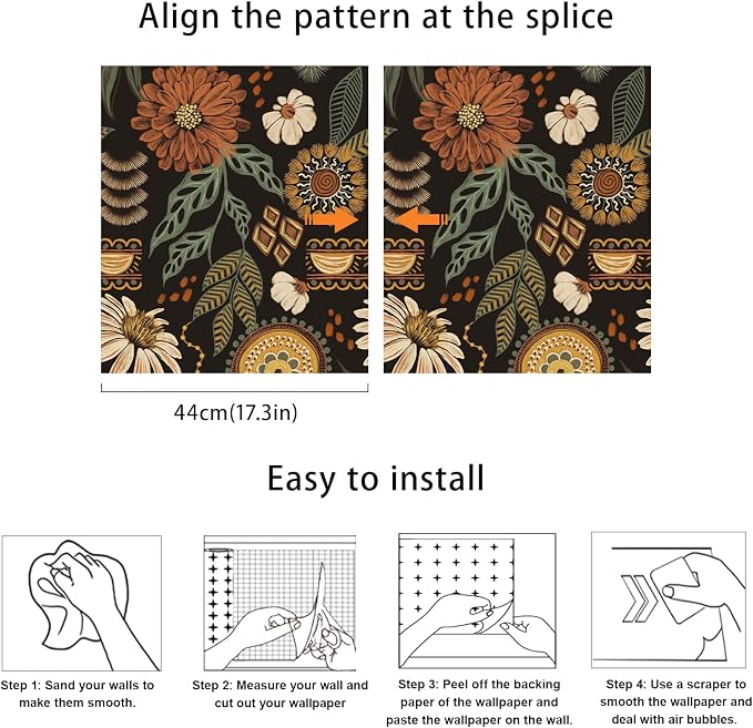 JiffDiff Boho Peel and Stick Wallpaper Vintage Floral Wall Paper Removable Sun - Image 7