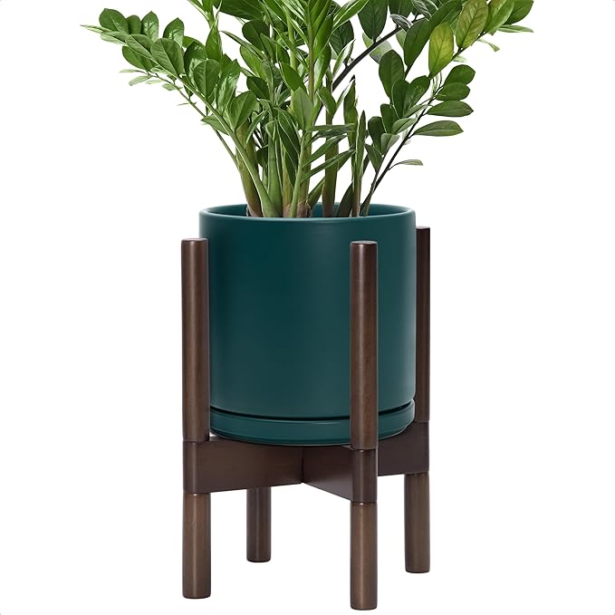 D'vine Dev Ceramic Planter with Walnut Color Stand - 8 Inch Modern Round Flower Pot with Wood Planter Holder, Teal, 55-B-Y-4
