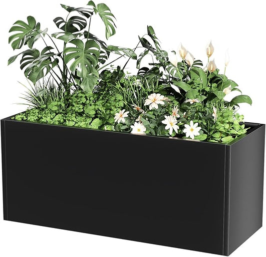 Long Metal Cube Planter for Outdoor Plants 15" W x 38" L x 16.25" H, Heavy Duty Steel Rectangular Planter Box with Removable Insert Shelf, Modern Décor for Outside, Indoor, Garden (Black)