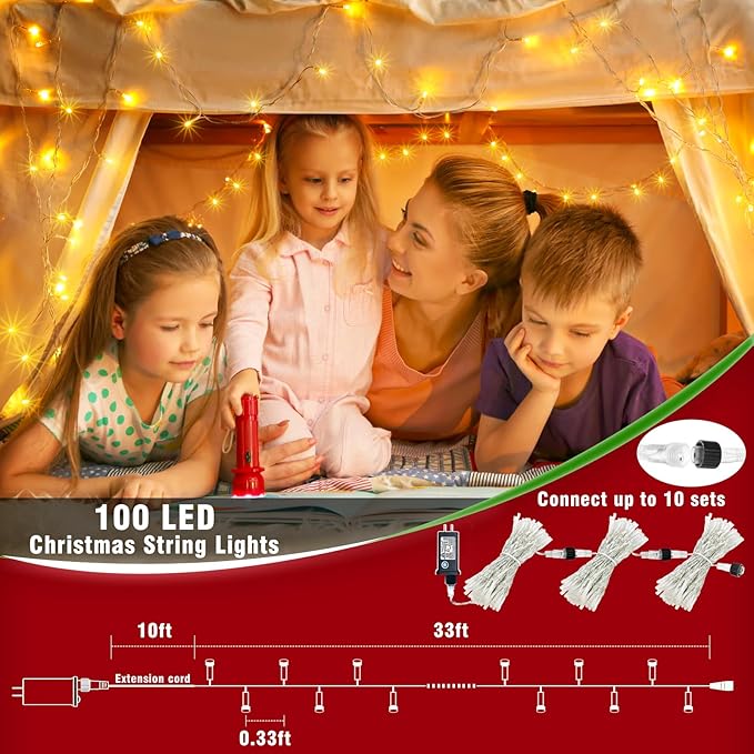 33ft 100 LED Christmas Lights Outdoor Waterproof, Warm White Christmas String Lights Indoor Clear Wire 8 Modes, Plug in Twinkle Fairy String Lights for Bedroom Wedding Home Party Garden Decorations