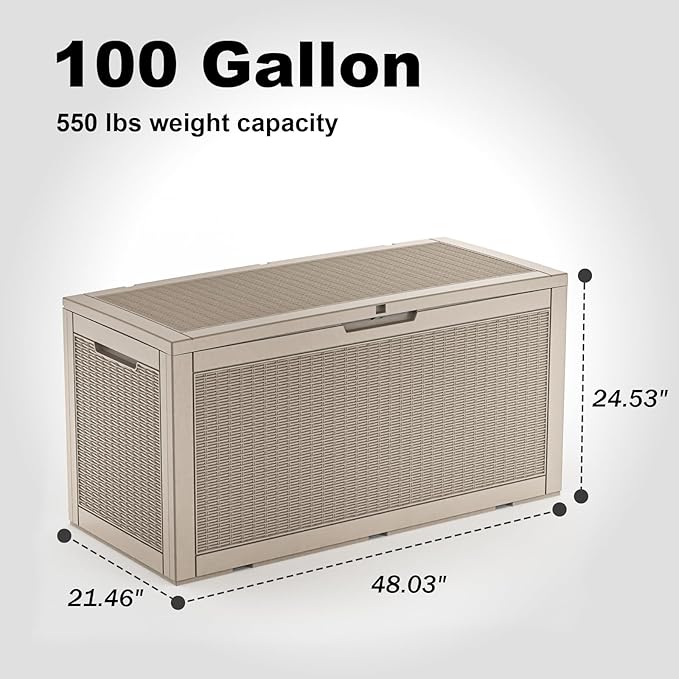 100 Gallon Waterproof Outdoor Storage Box,Resin Deck Box,Lockable Outside Storage Box Container for Patio Furniure,Garden,Pool Tools (100 Gallon,Grey pattern)