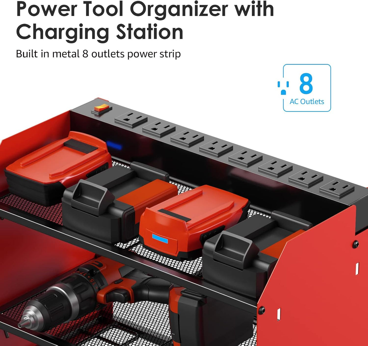 CCCEI Modular Power Tool Organizer Wall Mount Charging Station, Red 6 Drills Holder with 8 Plug Power Strip 10FT, Garage Drill Battery Heavy Duty Metal Shelf, Utility Rack with Hooks, Side Storage.