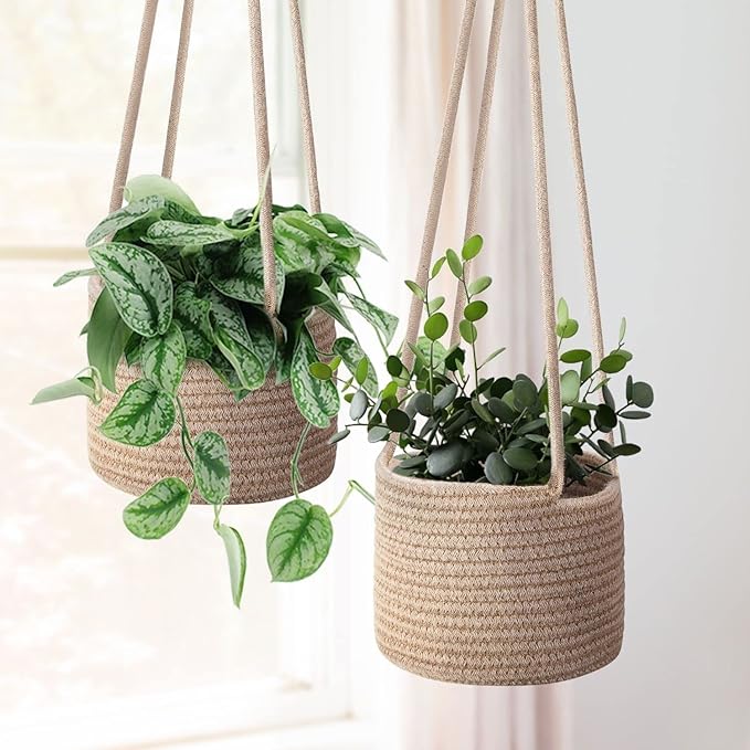 Flexzion Hanging Plant Basket, Boho Cotton Rope Basket Indoor Hanging Planter, Up to 7" Flower Pot, Macrame Woven Modern Plant Holder, Storage Bin Organizer, Home Decor with 20" Hanging Rope, Brown