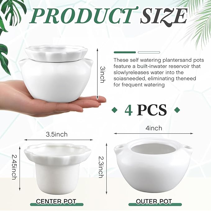 4 Set 4 Inch African Violet Pots Self Watering White Ceramic Planter Highly Absorbent Inner Planter Pot for Indoor Plants Plant Lovers Ideal Plant Pot Thriving Plant Flower Maintenance