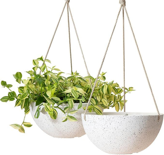 LA Jolie Muse Hanging Planters for Indoor Plants - Flower Pots Outdoor 10 inch Garden Planters and Pots,Speckled White Set of 2