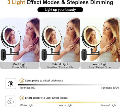 9" Wall Mounted Lighted Makeup Mirror, 4000mAh Rechargeable Double Sided 1X/10X - Image 5