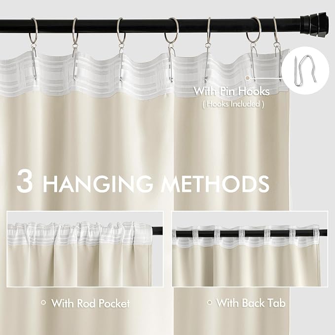 MIULEE Beige White Back Tab Blackout Curtains 108 Inch Long 2 Panels Set - Image 3