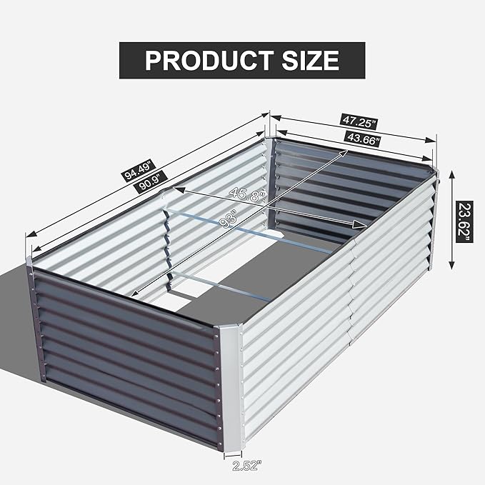 Domi Raised Garden Beds Outdoor, 8x4x2ft Thickening Tall Metal Rectangular Deep Root Box Planter for Vegetables, Flowers, Herbs, and Succulents 2" Deep w/ 456 Gallon Capacity - Silvery