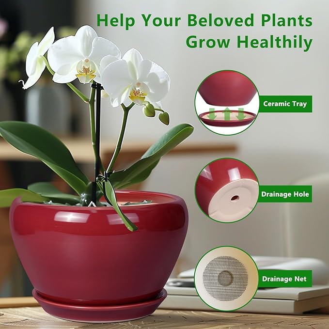 Ceramic Plant Pot 9 Inch - Planter Pot with Drainage Hole and Saucer, Round Large Planter for Indoor Plants, Outdoor Flower Pot for House Patio Decor, Red