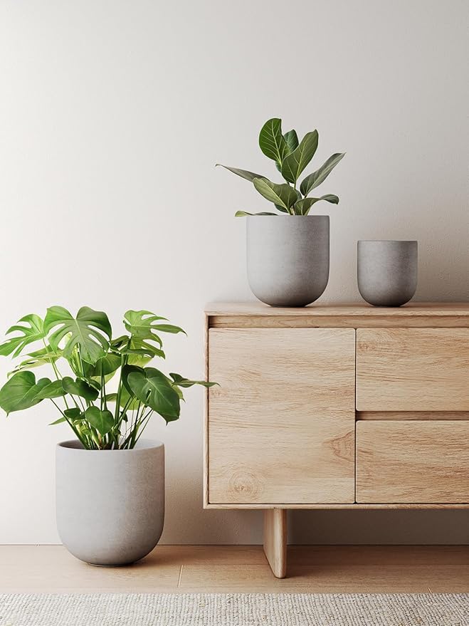 LE TAUCI 6+8+10 Inch Plant Pots Indoor, Ceramic Planters for Indoor Plants, Cylinder Pots with Drainage Hole and Plug, Planter Pots for Home Office Room Patio, Set of 3, Neutral Gray