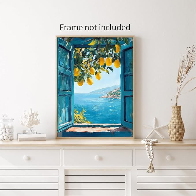 Mediterranean Window View Wall Art Coastal Lemon Tree Canvas Prints Blue - Image 4