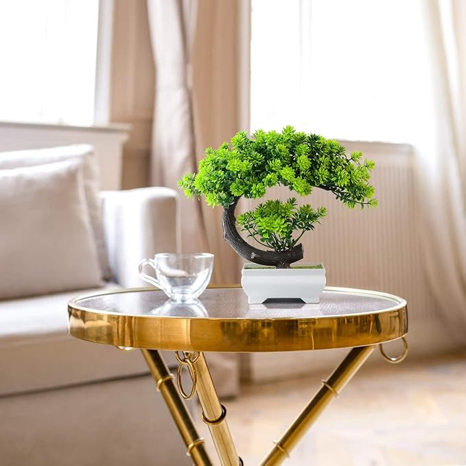 Small Artificial Plants Greenery Desktop Bonsai - Green Plastic Fake Plants for Home Decor, Indoor Bookshelf, Office Desk and Bathroom Room Decor, Tall 8.5"