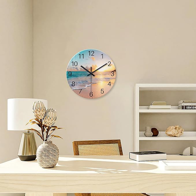 Beach Wall Clock Battery Operated 12 Inch Glass Wall Clock Non Ticking Analog - Image 4