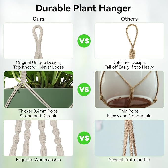 USLAI Macrame Plant Hanger Indoor Outdoor, Up to 4-15 inch Pot, Heavy 20lb Planters, Extra Long Strong Hanging Planter Basket, Boho Home Decor, 35 Inch, Ivory, Set of 2 (POTS NOT Included)