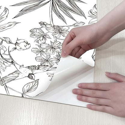 Jiffdiff White and Black Wallpaper Peel and Stick Sketched Peony Floral - Image 6