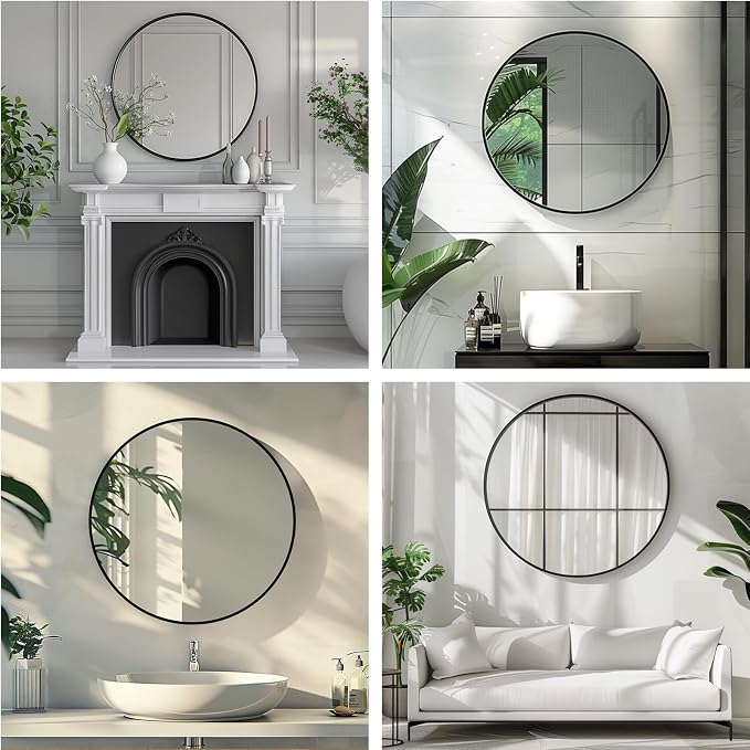 Round Black Mirror, 24 Inch Circle Black Mirror, Metal Frame Round Wall Mounted - Image 5