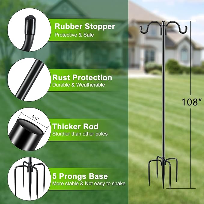 Gtongoko Double Shepherds Hook for Outdoor, 2 Pack 108 Inch Heavy Duty Bird Feeder Pole 3/4 Inch Thick Garden Hooks for Hanging Hummingbird Feeder, Plant Baskets, Solar Light Lanterns