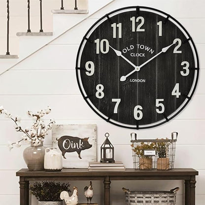 EMAX HOME Large Old Town Farmhouse Black Wall Clock 24 Inch Rustic Antique Wood - Image 2