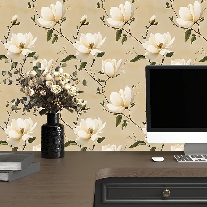 Vintage Floral Peel and Stick Wallpaper Khaki White Flowers Contact Paper - Image 2