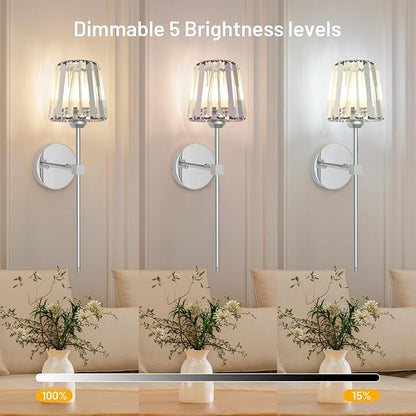 Crystal Battery Operated Wall Sconces Set of 2, Chrome Rechargeable Wireless - Image 6