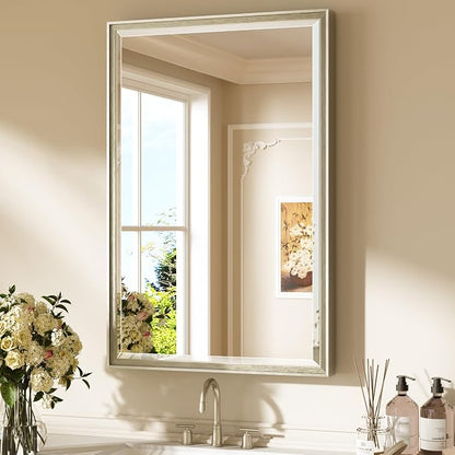 Keonjinn Brushed Nickel Bathroom Mirror 24" x 36", Sculpted Wide Frame by Keonjinn