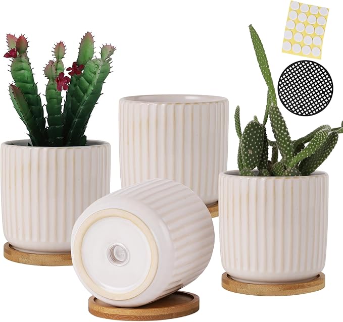 OMAYKEY 4 Inch Ceramic Plant Pot with Saucer, Creative Stripe Small Planters Pots with Drainage Hole and Mesh Pads for Succulent, Cactus, Herbs, White - Set of 4
