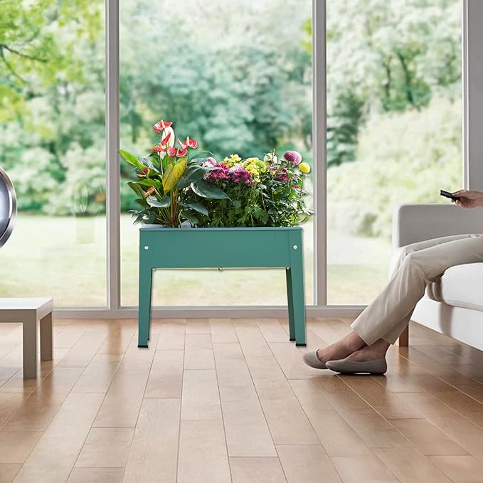 Raised Garden Bed, Elevated Planter Green Metal Plant Box with Legs Standing Garden Stand Drainage Holes Green(Green 24" L x 11" W x 18" H)