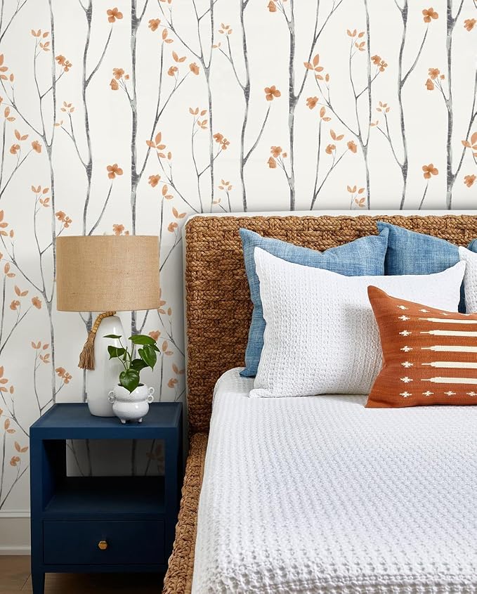 Timeet Peel and Stick Wallpaper White and Orange Floral Wallpaper Boho Leaf - Image 4
