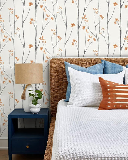 Timeet Peel and Stick Wallpaper White and Orange Floral Wallpaper Boho Leaf - Image 4