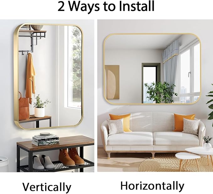 30x36 Inch Gold Bathroom Mirror, Brushed Gold Metal Framed Rectangular Mirror - Image 6