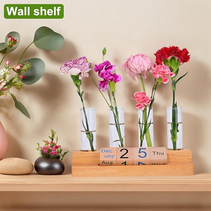 Propagation Vases for Plants, with Block Calendar for Desk, for Home and Desk Decor, Perfect Gardening Gifts for Women, Mom, Teacher, Horticulturist (Dark Wood Color)