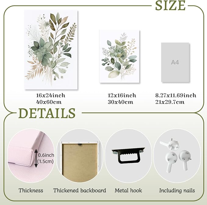 LLEEMPI Framed Sage Green Wall Art Set of 3, Modern Watercolor Botanical Wall - Image 8