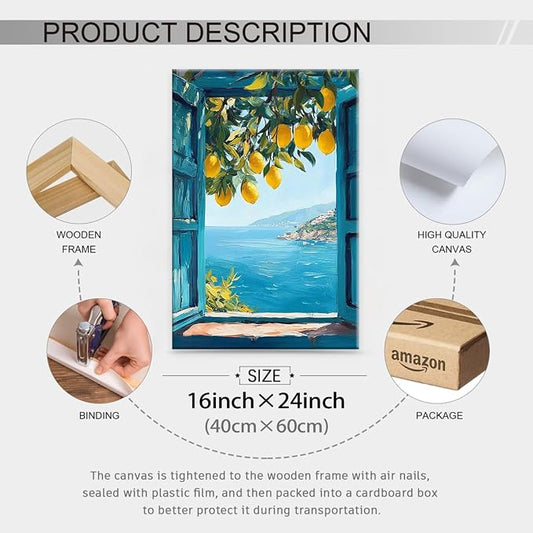 Framed Canvas Wall Art Posters Mediterranean Window View Coastal Lemon Tree - Image 2