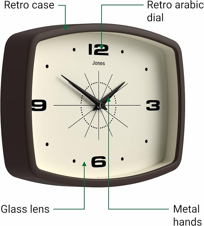 JONES CLOCKS® Movie wall Clock | Retro Rectangular Clock | 10 inch | Mocha - Image 6