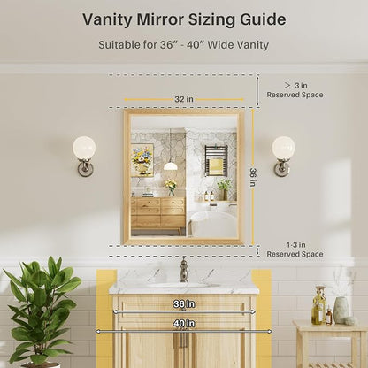 36x32 Inch Bathroom Mirror for Wall, Anti-Rust Oak Wood Grain Metal Framed - Image 2