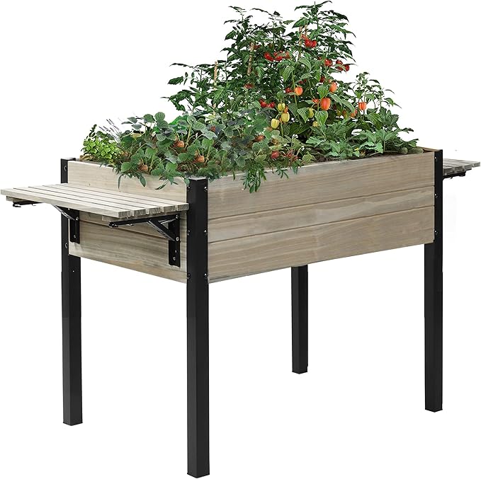 Raised Garden Bed, Metal Leg Wood Planter Boxes with Folding Storage Shelf,Elevated Planter Box for Growing Fresh Herbs, Vegetables, Flowers Great for Outdoor Patio, Deck, Balcony（Gray）