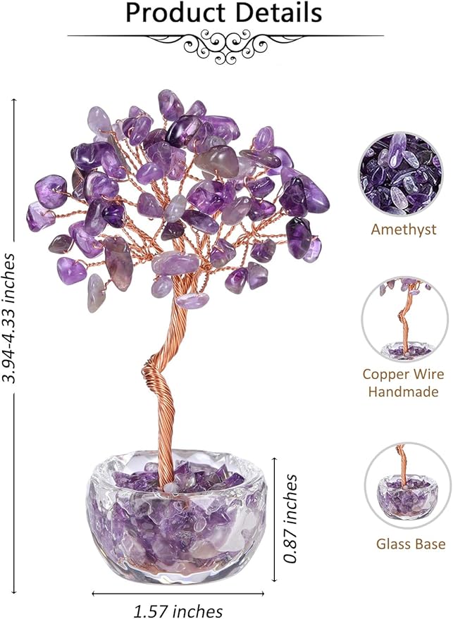Jovivi Small Amethyst Crystals Tree, Natural Crystal Healing Stones Tree Glass Bowl Base Gemstone Money Trees Feng Shui Good Luck Home Desk Decor