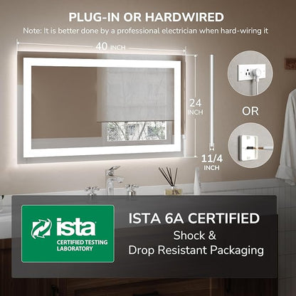 USHOWER LED Bathroom Mirror 40x24 Inch Tempered Glass - Image 7