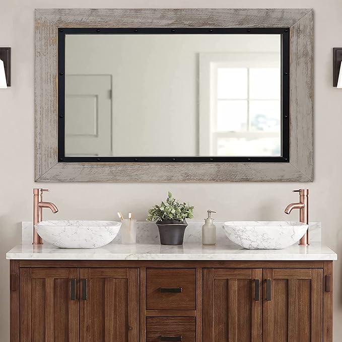 YOSHOOT Rustic Wooden Framed Wall Mirror, Natural Wood and Iron Bathroom Vanity by YOSHOOT