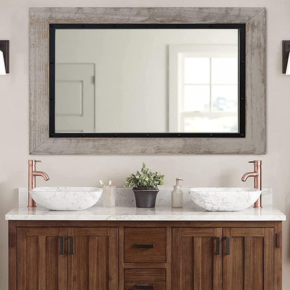 YOSHOOT Rustic Wooden Framed Wall Mirror, Natural Wood and Iron Bathroom Vanity by YOSHOOT