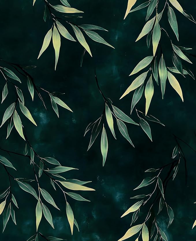 Dark Bamboo Leaves Peel and Stick Wallpaper, Moody Leaf Design Self Adhesive by VOLEAARWALLPAPER