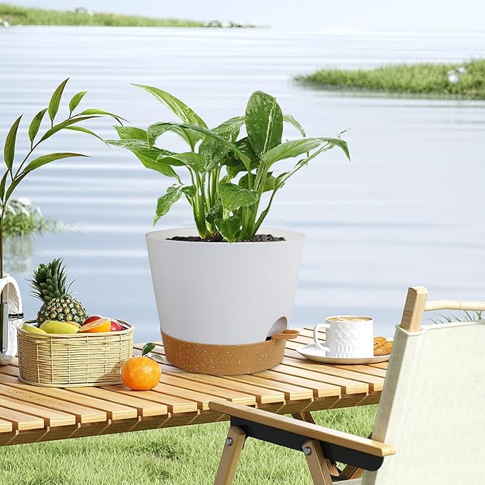 12 inch Large Self Watering Pots for Indoor Outdoor Plants, Flower Plant Pots with Drainage Holes for Garden House Plants, Plastic Planters with Reservoir for Home Plants, White with Brown