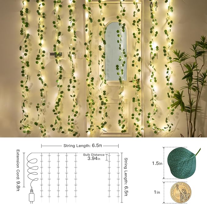 suddus 200 LED Vine with Light Plug in, 6.5ft x 6.5ft Eucalyptus Fairy Curtain - Image 5