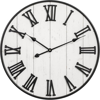 Large Rustic Wooden Wall Clock, 24 Inch Whitewashed Farmhouse Wall Clock by MACVAD