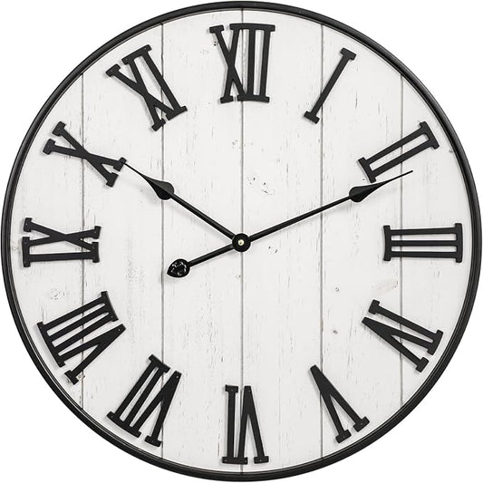 Large Rustic Wooden Wall Clock, 24 Inch Whitewashed Farmhouse Wall Clock by MACVAD